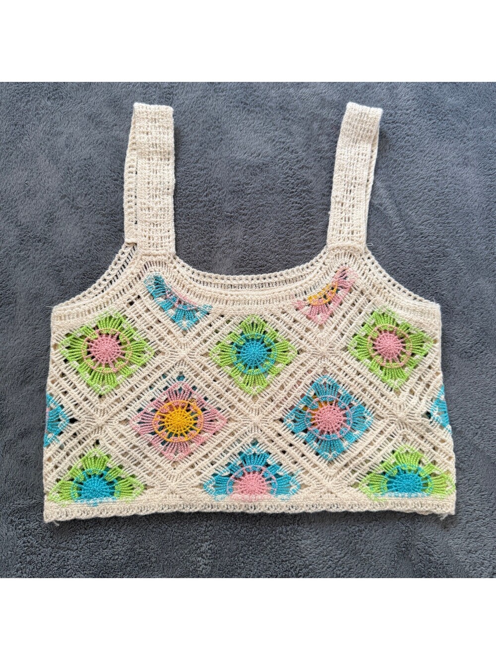 Handmade Crochet Granny Square Crop Top Pastel Floral Open Knit Boho Vest S